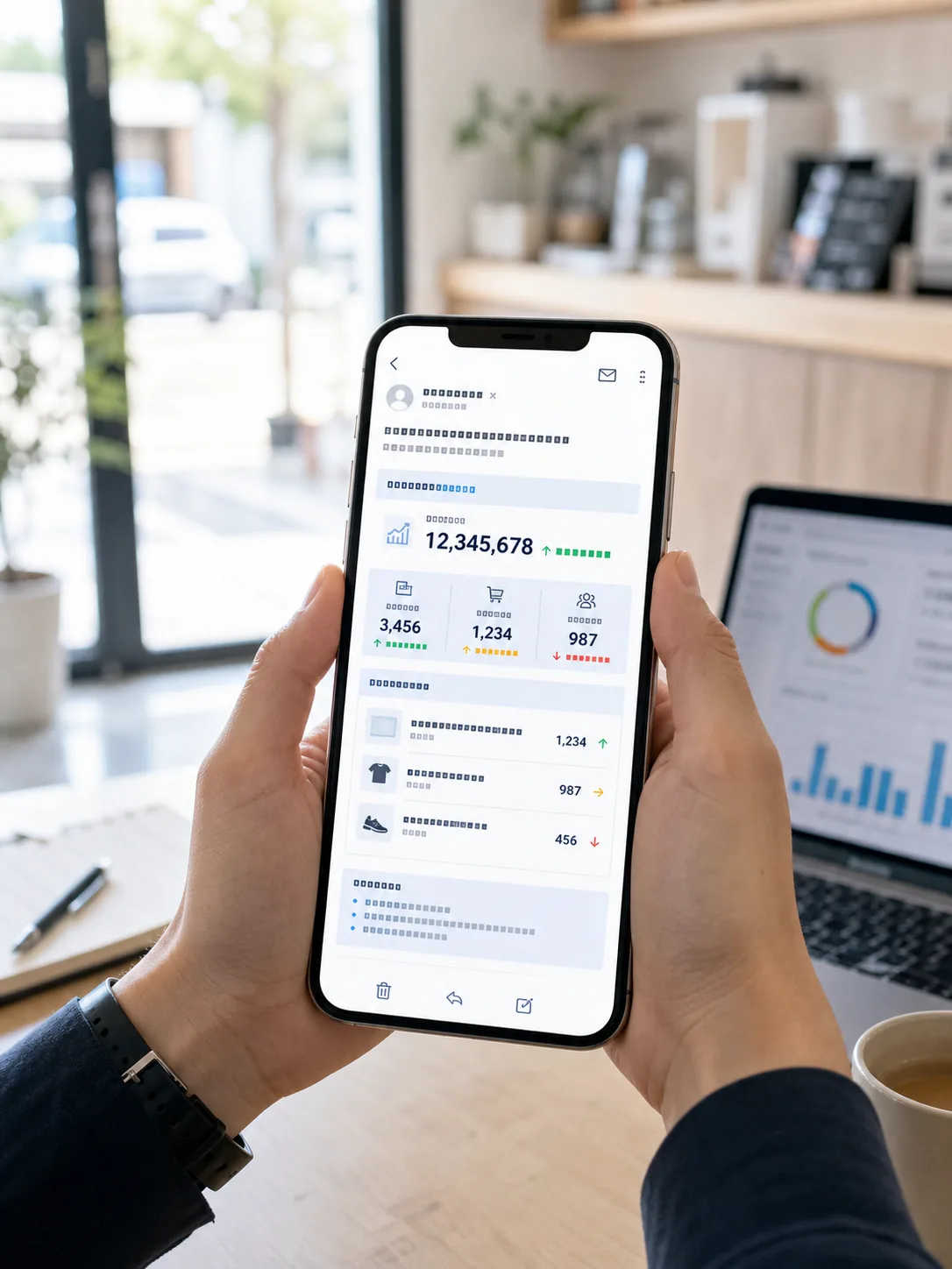 店舗でスマートフォンを手に、毎朝の売上速報メール（昨日のKPIと商品ランキング）を確認している様子