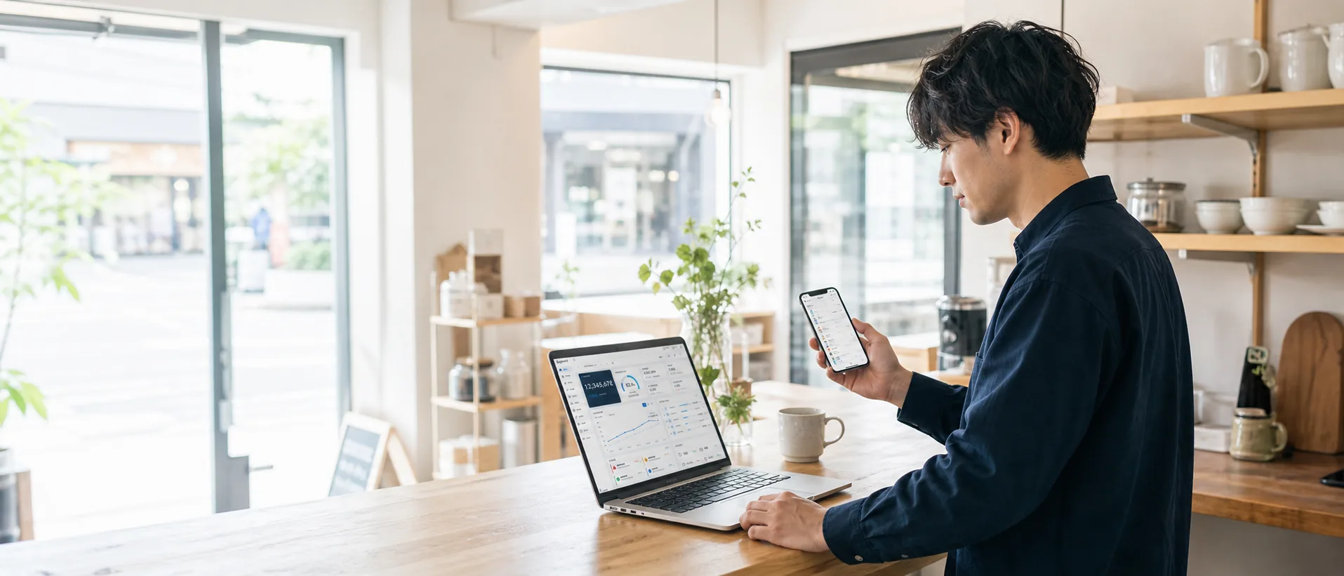 朝、店内でPCとスマホを使い数字を確認する『毎朝分かる経営』の情景